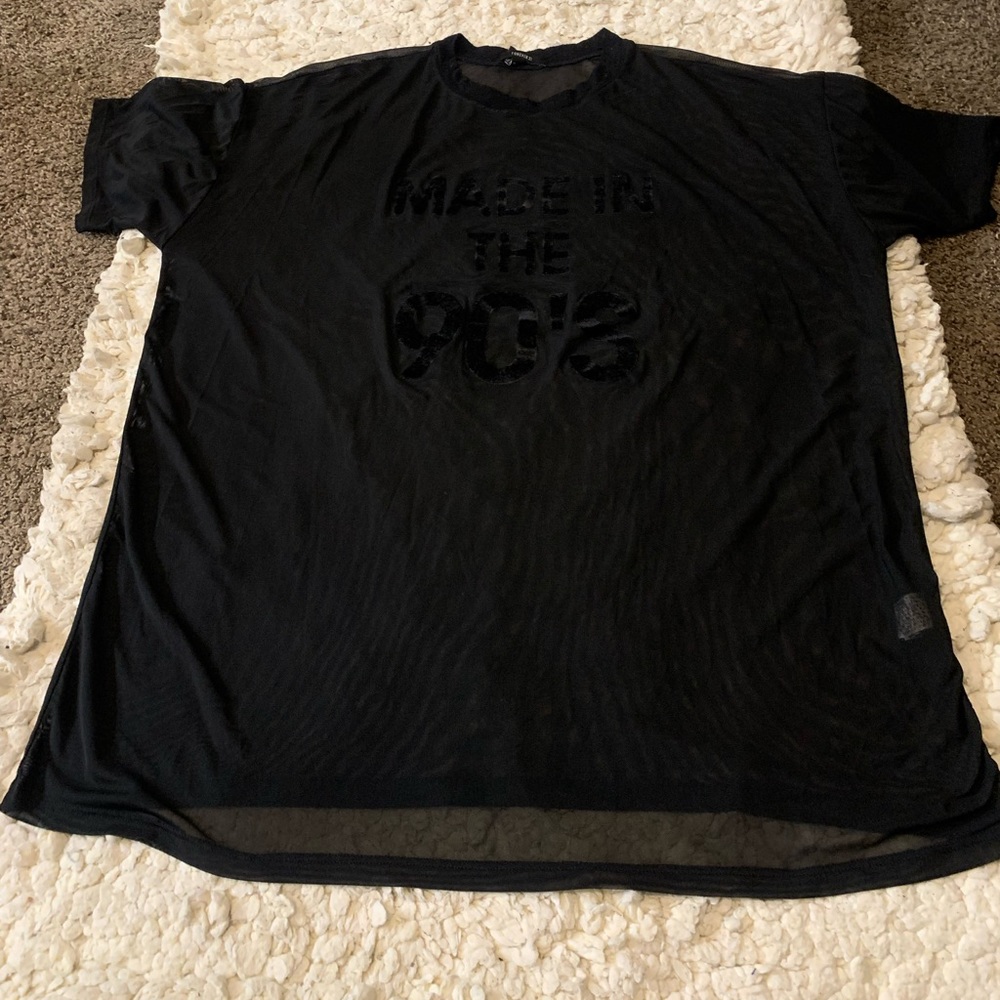 Made in the 90’s Black Mesh Sheer Forever 21 Short Sleeve Shirt Velvet Lettering